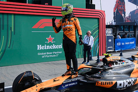 Dutch Grand Prix 2024: McLaren driver Lando Norris of Britain celebrates after winning race